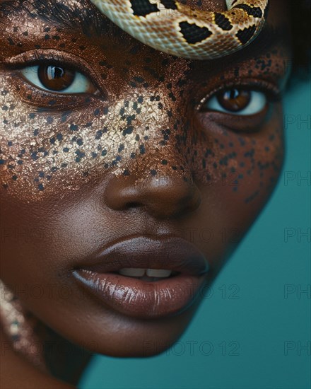 A striking portrait of a woman with golden makeup and a snake wrapped around her, blurry teal turquoise solid background, beauty product studio light, fashion artsy make up, high concept potraiture, AI generated