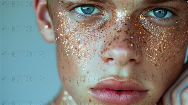 Close-up portrait of a blue eyed individual with glitter on skin and freckles, blurry teal turquoise solid background, beauty product studio lightning, fashion artsy make up, high concept potraiture, AI generated