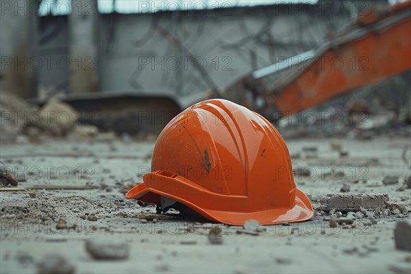 Orange safety helmet lying on at construction site. KI generiert, generiert, AI generated