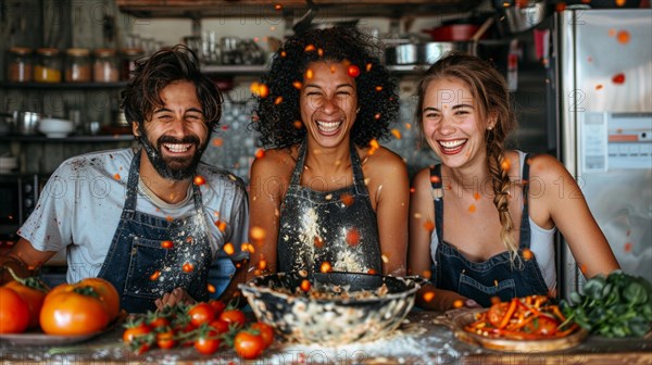 Friends are playfully cooking, covered in flour and tomatoes, in a kitchen bursting with energy, AI generated