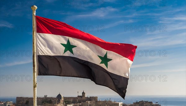 The flag of Syria flutters in the wind, isolated against a blue sky