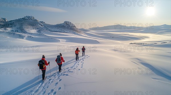 A group of trekkers walking in the snow with the mountains basking in the glow of sunrise, AI generated