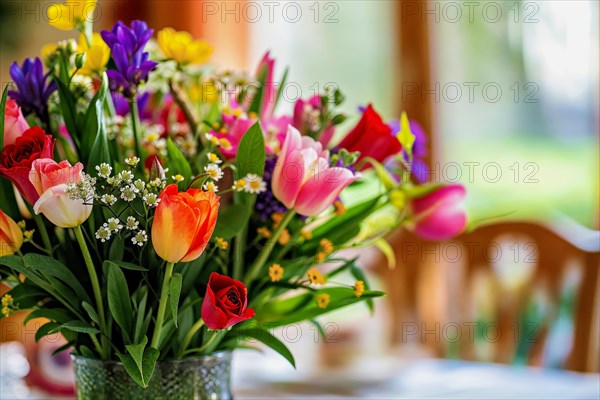 Mother's Day, A magnificent bouquet of multi-coloured spring flowers in a green vase, AI generated, AI generated