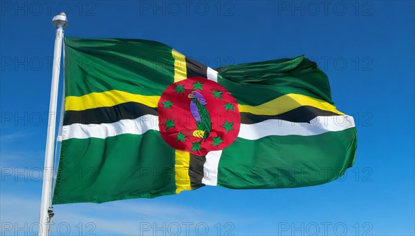 The flag of Dominica, Lesser Antilles, Caribbean, fluttering in the wind, isolated, against the blue sky