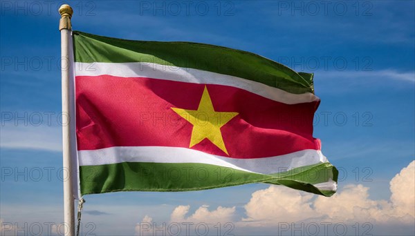 The flag of Suriname, fluttering in the wind, isolated, against the blue sky