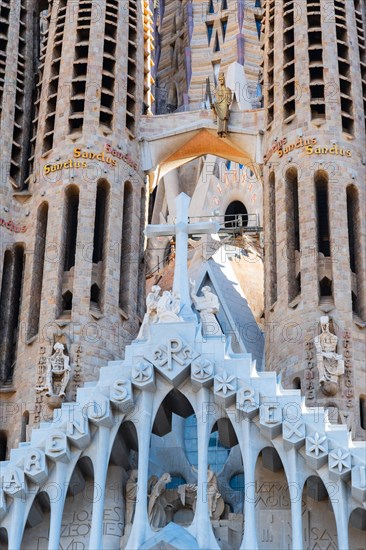 Passion facade of the Sagrada Familia basilica under construction, Roman Catholic basilica by Antoni Gaudi in Barcelona, Spain, Europe