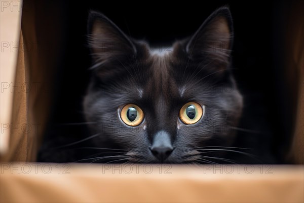 Black cat hiding in cardboard box. KI generiert, generiert, AI generated