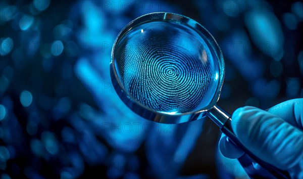 Crime scene with investigator wearing surgical glove viewing A fingerprint through the glass of a magnifying glass. generative AI, AI generated