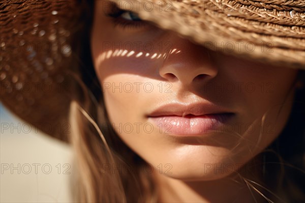 Young woman with summer straw hat covering half of her face. KI generiert, generiert, AI generated