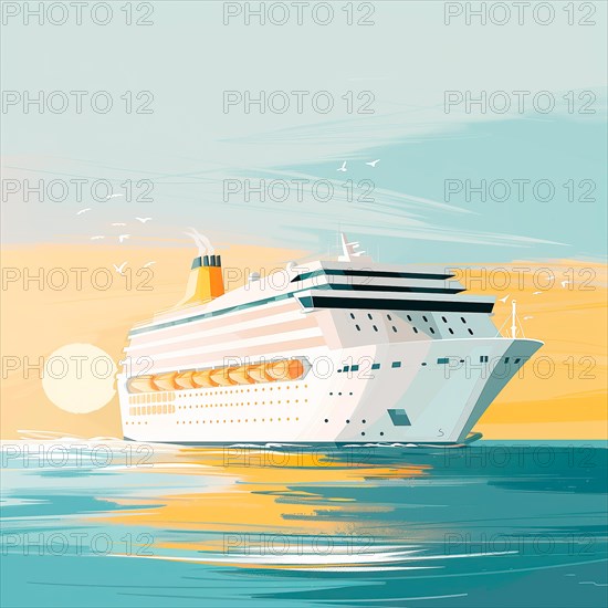 A large cruise ship is sailing on the ocean with a beautiful sunset in the background. AI generated