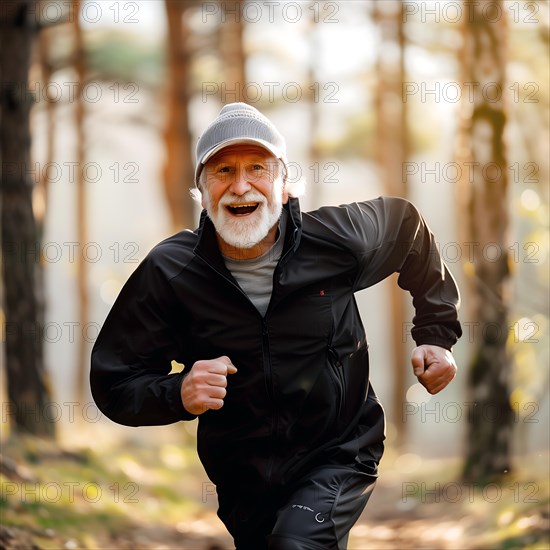 An older man runs smiling in sportswear in a sun-drenched forest, start running, start, advert, special offer, AI generated
