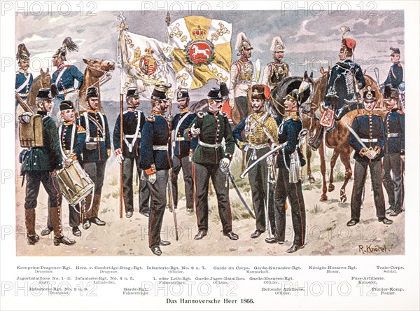 Historical, coloured illustration, colour plate uniforms of the Hanoverian army 1866, soldiers and officers with flags, drums, weapons and horses, dragoons, hunters, infantry, drummers, standard bearers, guard hussars, cuirassiers, artillery, pioneers, print with visible halftone dots from 'Zur Erinnerung an die Koeniglich Hannoversche Armee und ihre Stammtruppen', commemorative sheet for the celebration of 19 December 1903, Meisenbach, Riffarth & Co., Germany, Europe