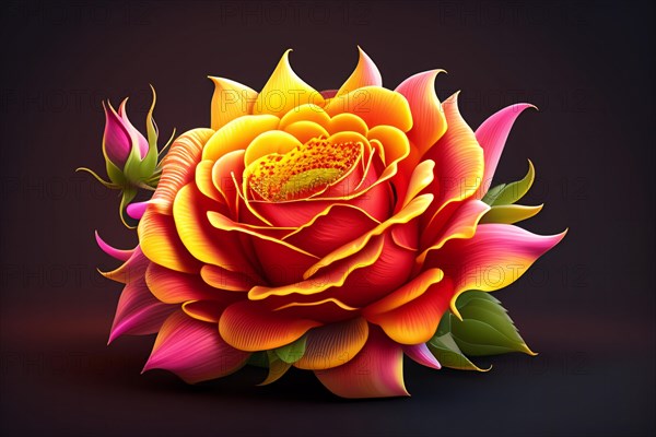 3d illustration of red and yellow rose flowers over dark blue background, AI generated