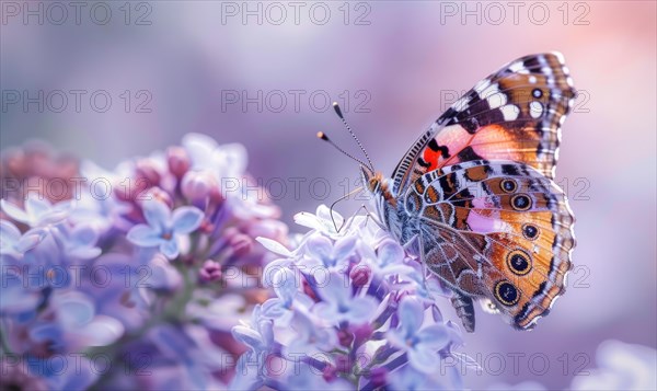 Close-up of a butterfly resting on lilac blossoms AI generated