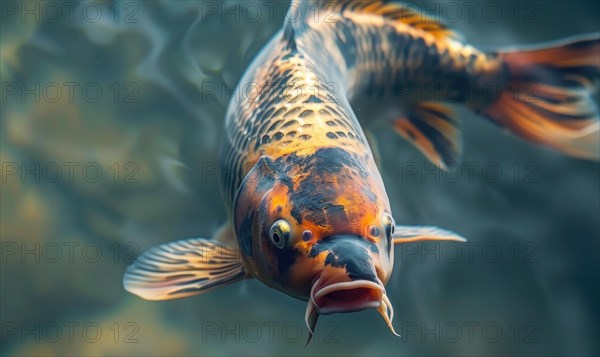 Close-up of a koi fish gliding through the clear waters of a pond AI generated