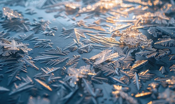 Close-up of icy patterns forming on the surface of a frozen lake AI generated