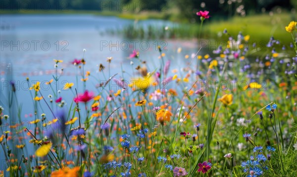 Close-up of vibrant wildflowers lining the banks of a spring lake AI generated