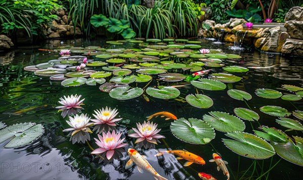 A garden pond adorned with koi fish swimming among water lilies and lush greenery AI generated