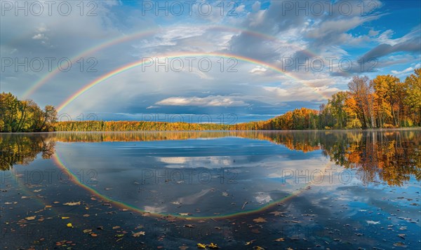 A vibrant rainbow stretching across the sky after a passing rain shower AI generated