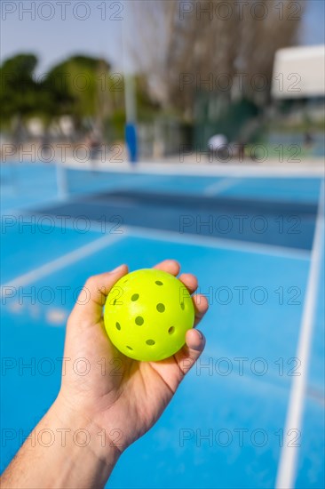 Vertical photo of a hand holding yellow pickleball ball