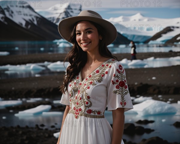 Portrait of a young woman smiling at camera in front of icebergs. ai generative, AI generated