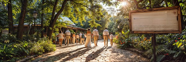 A wedding party walks through a sunlit garden with an empty signboard AI generated