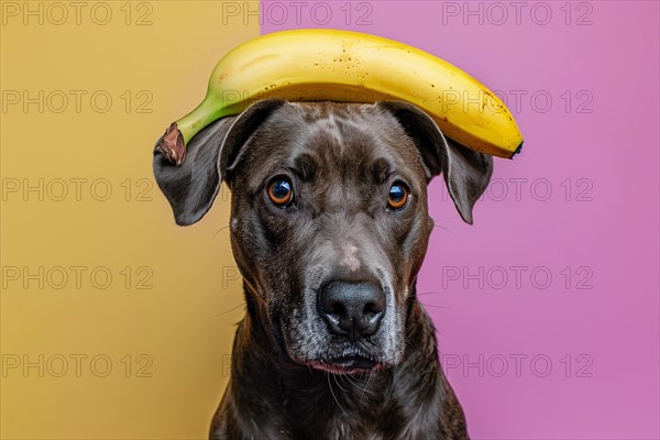 Funny dog with banana fruit on head in front of purple and yellow studio background. KI generiert, generiert, AI generated