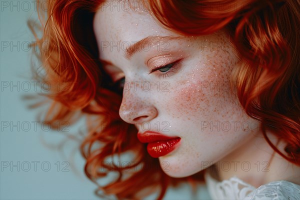 Face of beautiful woman with freckles, red hair and glamorous makeup.KI generiert, generiert, AI generated