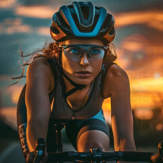 Cyclist at sunrise with golden light and wind in her hair, AI generated