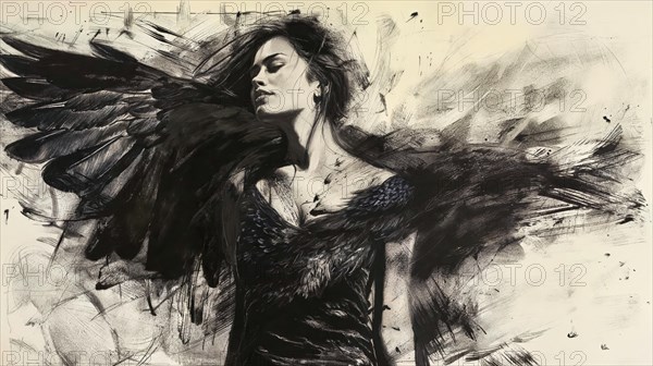Dark wings envelop the calm pose of a woman, as a drawing full of power and energy, raven woman, cover design, AI generated, AI generated