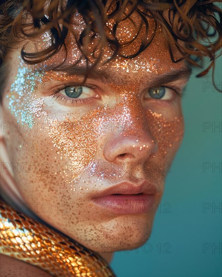 Male with copper glitter on face and intense stare, blurry teal turquoise solid background, beauty product studio lightning, fashion artsy make up, high concept potraiture, AI generated