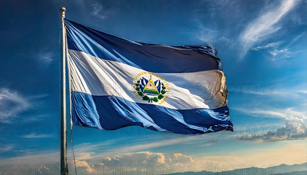 The flag of El Salvador flutters in the wind, isolated against a blue sky