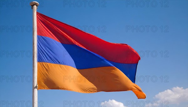 The flag of Armenia flutters in the wind, isolated against a blue sky