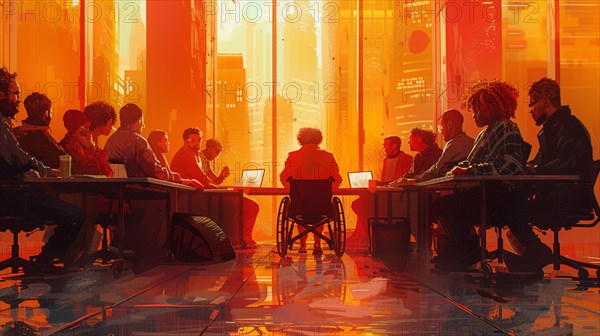 Futuristic meeting with a diverse group around a round table, cityscape in the background, AI generated