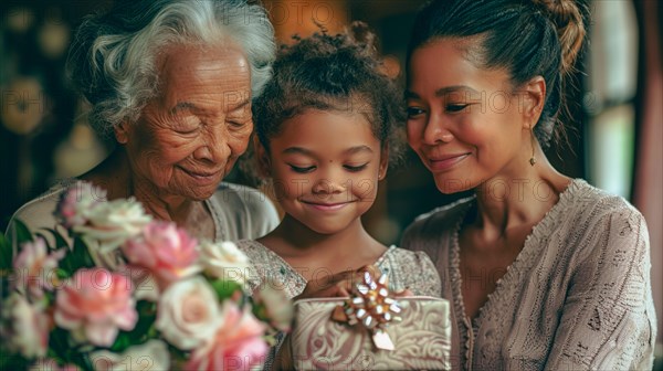 Three generations Mixed-race of a family exchange a thoughtful gift with tender affection, AI generated