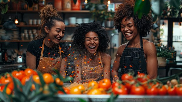 Friends in aprons laughing joyfully amid flying tomatoes while cooking a vegetarian receipt, AI generated