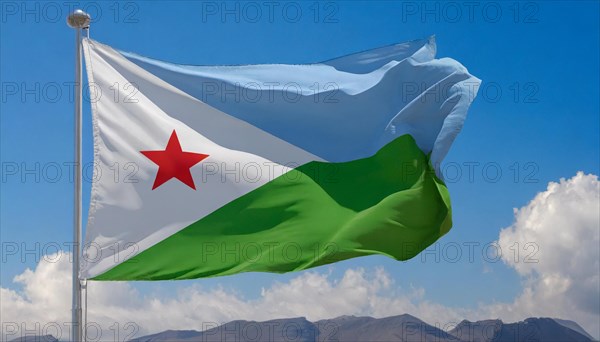 The flag of Djibouti, Djibouti flutters in the wind, isolated, against the blue sky