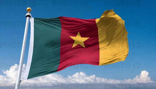 The flag of Cameroon, fluttering in the wind, isolated, against the blue sky