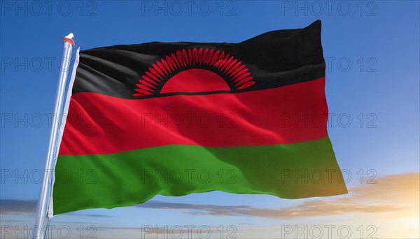 The flag of Malawi, fluttering in the wind, isolated, against the blue sky