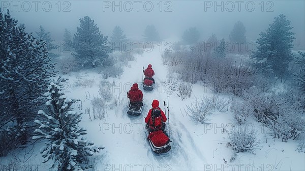 Three snowmobiles riding in a line through a foggy, snowy forest, AI generated