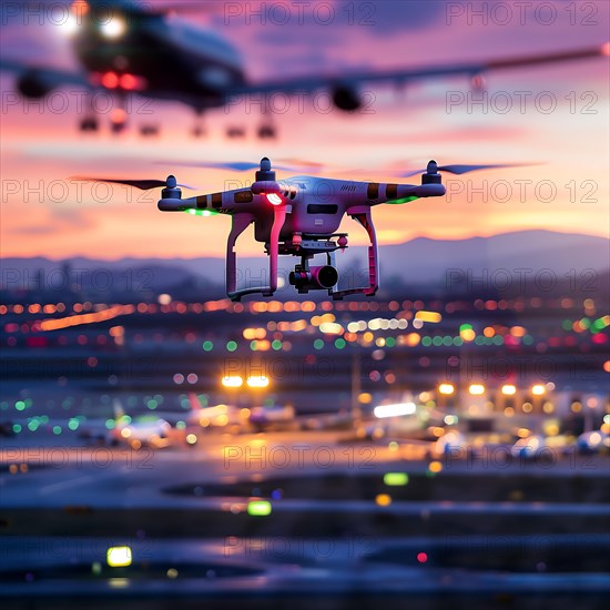 A drone with red lights hovers in front of a landing aircraft at night, drone, attack, AI generated