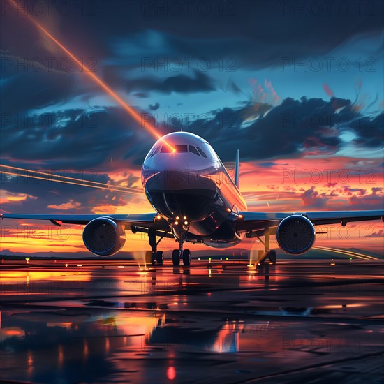 A plane stands on a wet runway at sunset with a dramatic sky, laser attack on a commercial aircraft, AI generated
