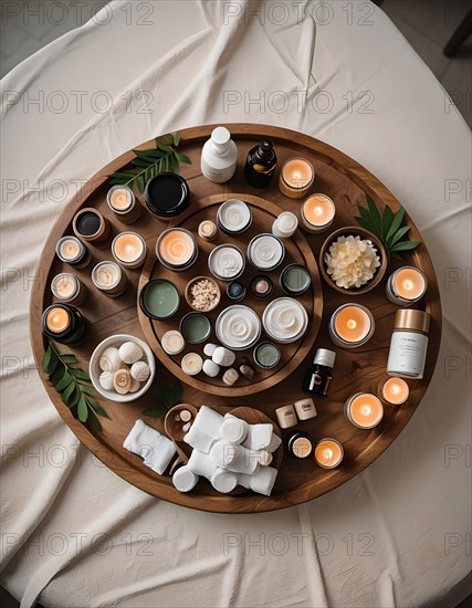Top view of a wooden tray arranged with spa treatment products, candles, and natural elements, conveying a sense of relaxation, AI generated
