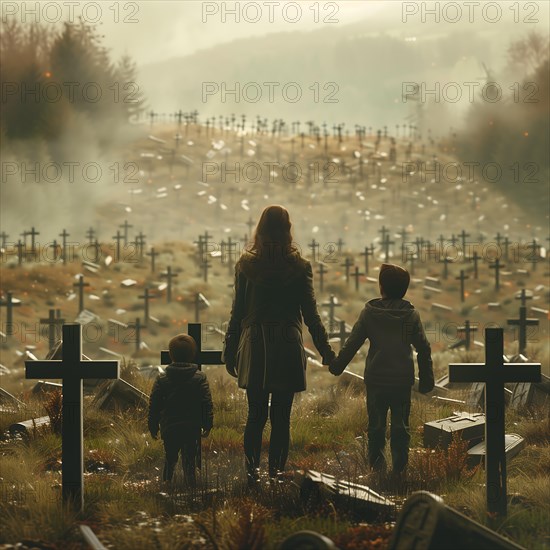 A mother with two children holding hands in a foggy cemetery, war, war graves, military cemetery, AI generated