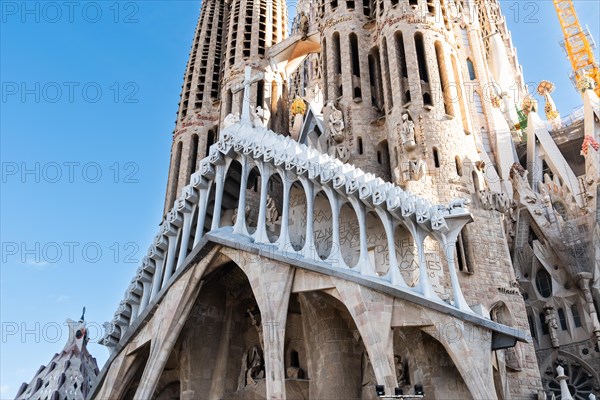 Passion facade of the Sagrada Familia basilica under construction, Roman Catholic basilica by Antoni Gaudi in Barcelona, Spain, Europe