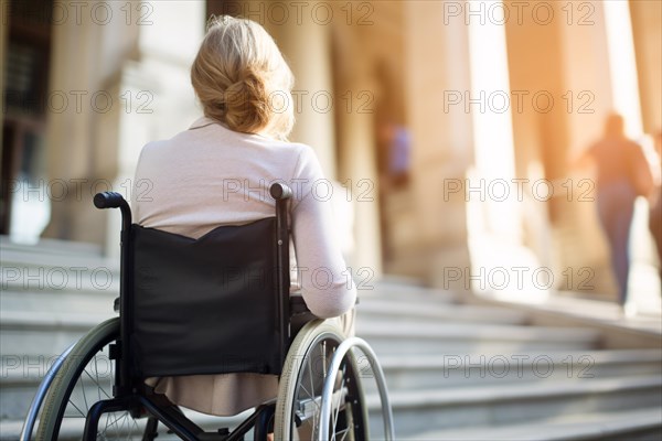Back vie wof woman in wheelchair in front of stairs. KI generiert, generiert, AI generated