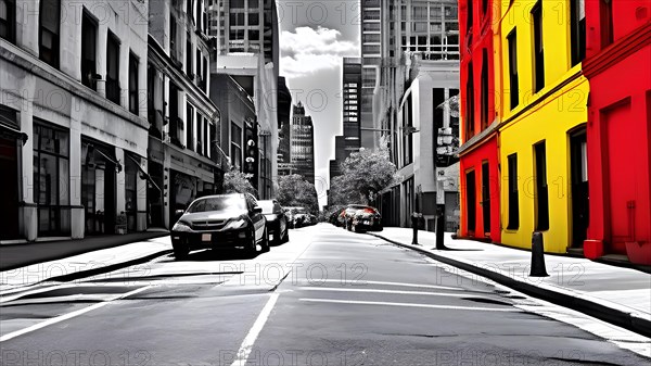 AI generated bustling street scene monochromatic snapshot with colorful digital elements