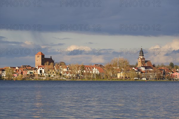 Town view Waren with church St. Georgen and church St. Marien, Mueritzsee, Waren, Mueritz, Mecklenburg Lake District, Mecklenburg, Mecklenburg-Vorpommern, Germany, Europe