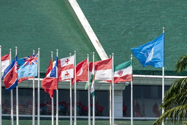 Many flags in front of the United Nations Conference Centre, Bangkok, Thailand, Asia