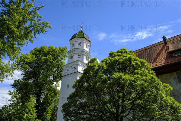 The Powder Tower, a preserved tower from around 1400 in the medieval town wall of the old town of Wangen im Allgaeu, Upper Swabia, Baden-Wuerttemberg, Germany, Europe